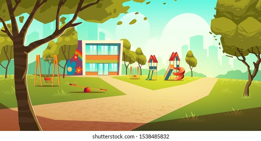 Kindergarten kids playground, empty area for children with nursery school colorful building, green grass, slides and swings for playing and recreation fun at summer time Cartoon vector illustration