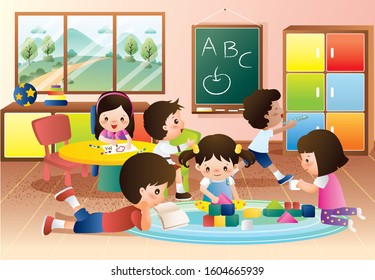 Kindergarten Kids Playing and Learning in the Class