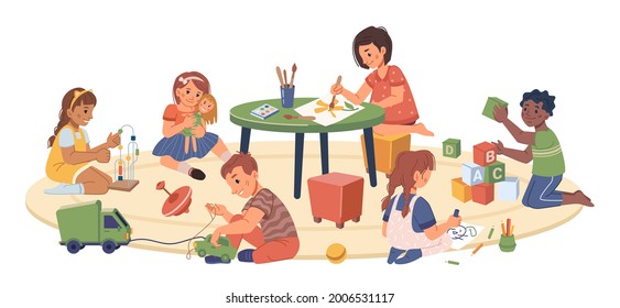 Kindergarten kids playing and studying, isolated children drawing and cuddling doll. Montessori system of education for preschoolers and toddlers. Development of skills. Flat cartoon character vector