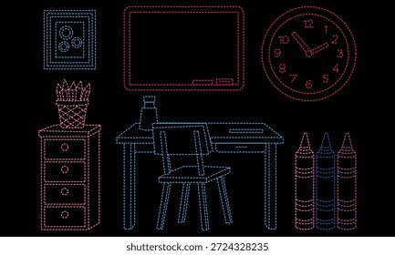 Jardim de infância Aprendizagem Doodle Elements A arte colorida em linha de neon retrata elementos essenciais da sala de aula como um quadro-negro de cadeira de mesa e relógio de parede.