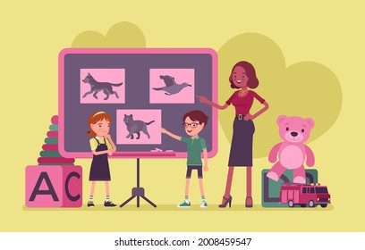 Kindergarten Lesson, Female Black Teacher, Children At Blackboard Studying Animals. Preschool Classroom, Elementary Classes For Kids In Childcare Daycare Center. Vector Flat Style Cartoon Illustration