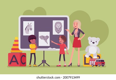 Kindergarten lesson, teacher and children at blackboard studying animals. Preschool classroom, elementary school classes for kids in childcare, daycare center. Vector flat style cartoon illustration