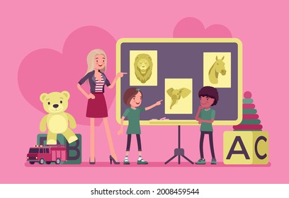 Kindergarten lesson, teacher and children at blackboard studying animals. Preschool classroom, elementary school classes for kids in childcare, daycare center. Vector flat style cartoon illustration