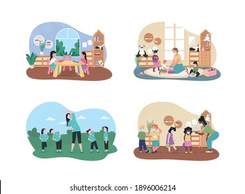 Kindergarten lessons 2D vector web banner, poster set. Preschool teachers and pupils flat characters on cartoon background. Elementary class printable patch, colorful web element collection