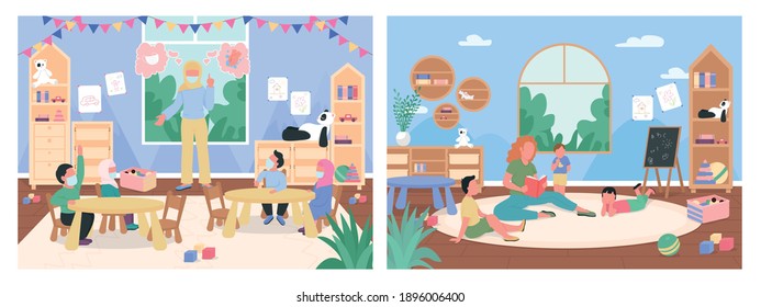 Kindergarten Lessons Flat Color Vector Illustration Set. New Normal In School. Caucasian, Muslim Teachers And Children 2D Cartoon Characters With Preschool Classroom On Background Collection