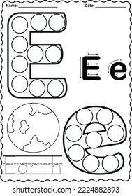 Kindergarten letters worksheets alphabet trace and color cute object, with dot markers.