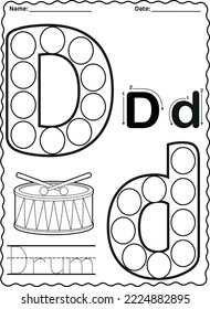 Kindergarten letters worksheets alphabet trace and color cute object, with dot markers.