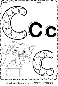 Kindergarten letters worksheets alphabet trace and color cute object, with dot markers.