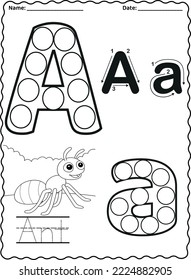 Kindergarten letters worksheets alphabet trace and color cute object, with dot markers.