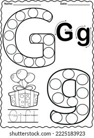 Kindergarten letters worksheets alphabet trace and color cute object, with dot markers.