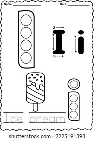 Kindergarten letters worksheets alphabet trace and color cute object, with dot markers.