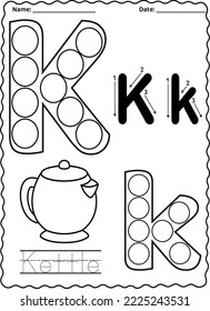 Kindergarten letters worksheets alphabet trace and color cute object, with dot markers.