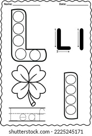 Kindergarten letters worksheets alphabet trace and color cute object, with dot markers.