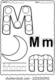 Kindergarten letters worksheets alphabet trace and color cute object, with dot markers.