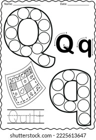 Kindergarten letters worksheets alphabet trace and color cute object, with dot markers.