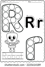 Kindergarten letters worksheets alphabet trace and color cute object, with dot markers.