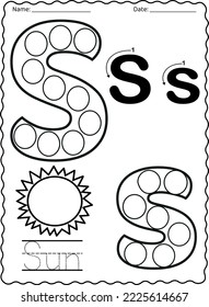 Kindergarten letters worksheets alphabet trace and color cute object, with dot markers. svg