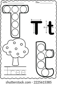 Kindergarten letters worksheets alphabet trace and color cute object, with dot markers.