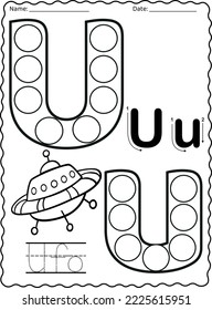 Kindergarten letters worksheets alphabet trace and color cute object, with dot markers.