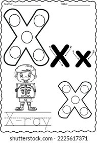 Kindergarten letters worksheets alphabet trace and color cute object, with dot markers.