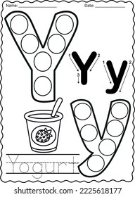 Kindergarten letters worksheets alphabet trace and color cute object, with dot markers.