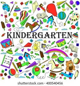 Kindergarten line art design vector illustration. Separate objects. Hand drawn doodle design elements.