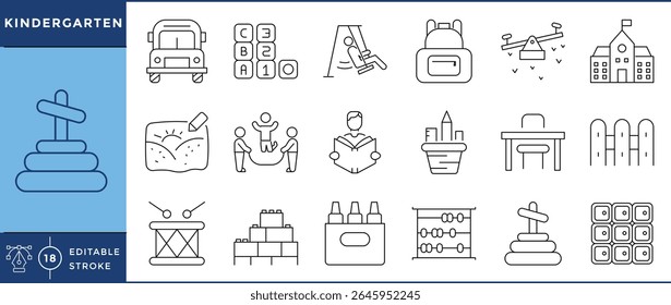 Kindergarten Line Icons Set | Early Education, Preschool, and Kids Learning | Editable Stroke