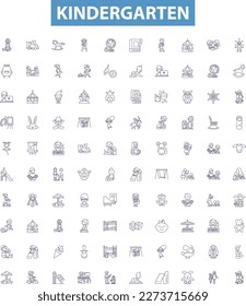 Kindergarten line icons, signs set. Preschool, Nursery, Early, Education, Learning, Play, Kinder, Toddler, Fun outline vector illustrations.