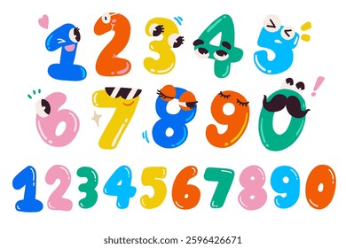 Kindergarten Math Vector Set: Numbers 1 to 0, Counting Illustrations, Cute, rounded with smiley faces or doodles, colorful drawing