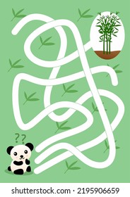 Kindergarten maze puzzle task. Children game. Leisure activity riddle shape, search right path way to help cute panda find bamboo. Vector preschool kid education labyrinth. Printable worksheet. 