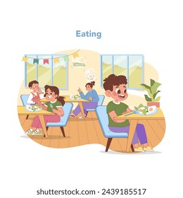 Kindergarten mealtime. Cheerful children enjoy nutritious lunches, fostering good eating habits. Bright, welcoming dining area encourages social skills at nursery school. Flat vector illustration