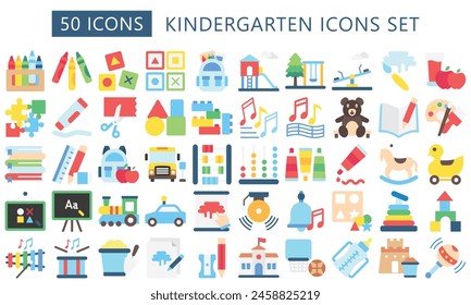 Kindergarten multi color icons set. contain game, pencil, puzzle, seesaw,  toy, ball, playground and more. best for UI or UX kit, web and app development. vector EPS 10.