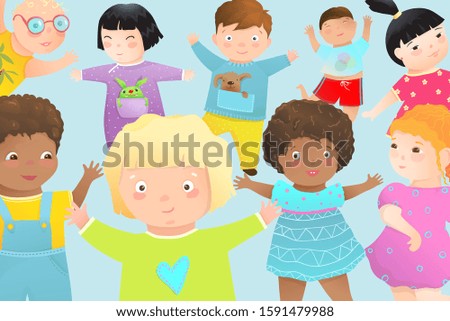 Kindergarten multicultural preschool classmate playful comic group of kids. Children from all over the globe preschooler classmate group of kids or toddlers jumping playing together.