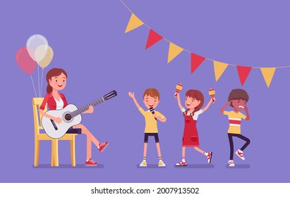 Kindergarten music party, female teacher playing guitar. Preschool singing classroom, birthday dance, children fun and learning activities, holiday decoration. Vector flat style cartoon illustration