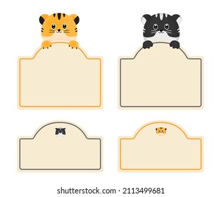 Kindergarten-Namensschild mit Tiger und schwarzem Tiger auf dem Bilderset. Notepad, Label, Aufkleber, Notizbuch, Tag. Vektorgrafik. Handgezeichnet.