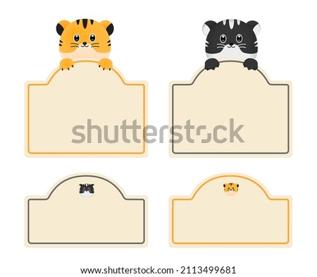 Kindergarten name tag with tiger and black tiger on it illustration set. Notepad, tiger icon, sticker, memo, kid. Vector drawing. Hand drawn style.