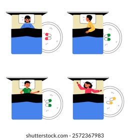 Kindergarten Nap Time With Children Wearing Sleep Masks In Flat Vector Illustration Symbolizing Rest, Relaxation, And Healthy Sleep, Isolated On White Background