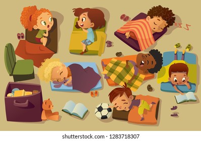 Kindergarten Nap Time Kid Vector Illustration. Preschool Multiracial Children Sleep On Bed, Girl Friend Gossip. Little Baby Character Dream In Bedroom. Child Group Daily Routine Schedule.