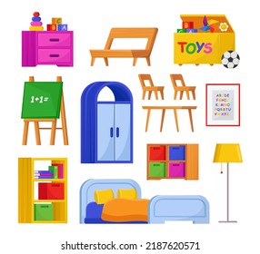 Kindergarten or nursery elements vector illustrations set. Collection of cartoon drawings of furniture for children, bedroom or studying room interior elements, toys. Childhood, interior concept