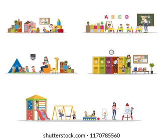 Kindergarten or nursery interior set with playing children. Preschool kids play with toys and study in classroom. Isolated vector flat illustration