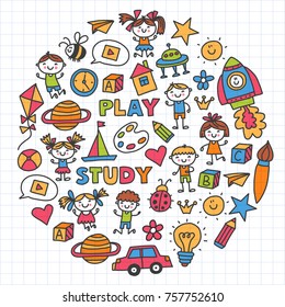 Kindergarten Nursery Preschool School education with children Doodle pattern Kids play and study Boys and girls kids drawing icons