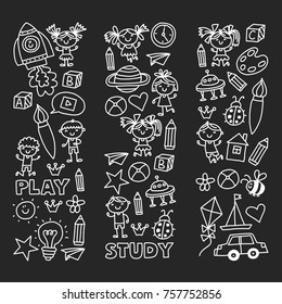 Kindergarten Nursery Preschool School education with children Doodle pattern Kids play and study Boys and girls kids drawing icons Space, adventure, exploration, imagination concept