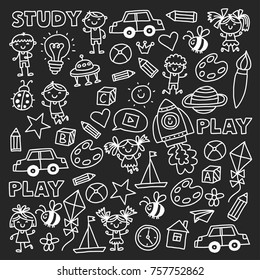 Kindergarten Nursery Preschool School Education With Children Doodle Pattern Kids Play And Study Boys And Girls Kids Drawing Icons Space, Adventure, Exploration, Imagination Concept