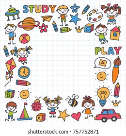 Kindergarten Nursery Preschool School education with children Doodle pattern Kids play and study Boys and girls kids drawing icons