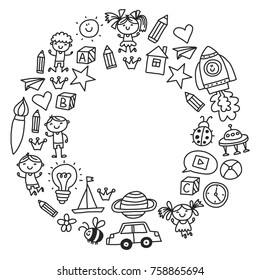 Kindergarten Nursery Preschool School education with children Doodle pattern Kids play and study Boys and girls kids drawing icons Space, adventure, exploration, imagination concepts