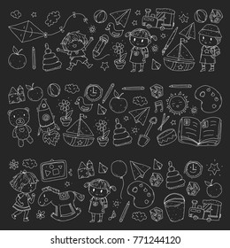 Kindergarten Nursery Preschool School education with children Doodle pattern Kids play and study Boys and girls kids drawing icons Space, adventure, exploration, imagination concept