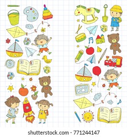 Kindergarten Nursery Preschool School education with children Doodle pattern Kids play and study Boys and girls kids drawing icons Space, adventure, exploration, imagination concept