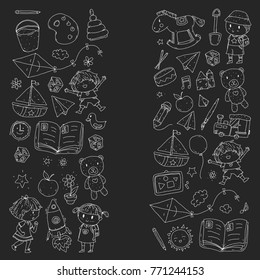 Kindergarten Nursery Preschool School education with children Doodle pattern Kids play and study Boys and girls kids drawing icons Space, adventure, exploration, imagination concept