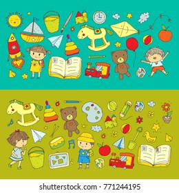 Kindergarten Nursery Preschool School education with children Doodle pattern Kids play and study Boys and girls kids drawing icons Space, adventure, exploration, imagination concept