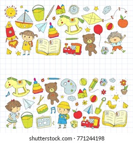 Kindergarten Nursery Preschool School education with children Doodle pattern Kids play and study Boys and girls kids drawing icons Space, adventure, exploration, imagination concept